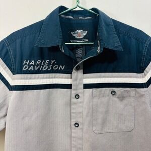 Harley Davidson Logo Embroidered Men's Motorclothes Short Sleeve Gray Shirt Sz L